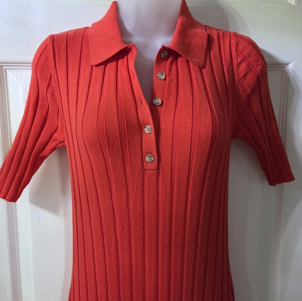 Red Ribbed Polo Collar Women's Top